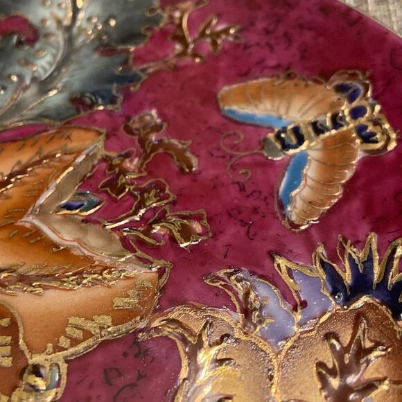 Burgundy Gold Green Floral Decorative Oriental Plate Gold Rim Raised Gold Accent - Picture 4 of 8